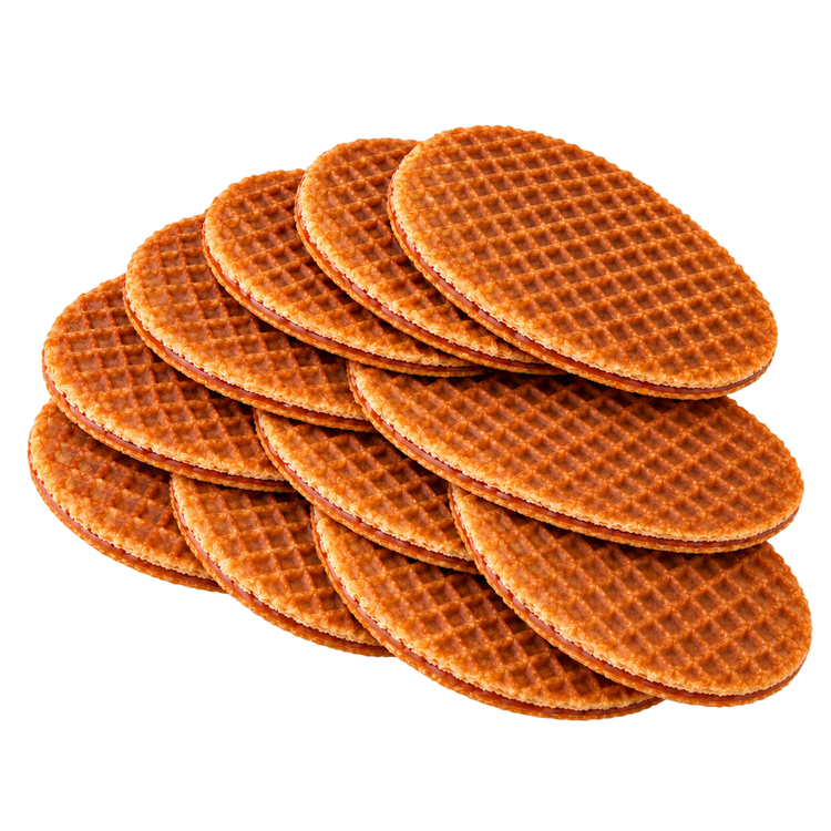 Twaalf dunne stroopwafels op elkaar gestapeld