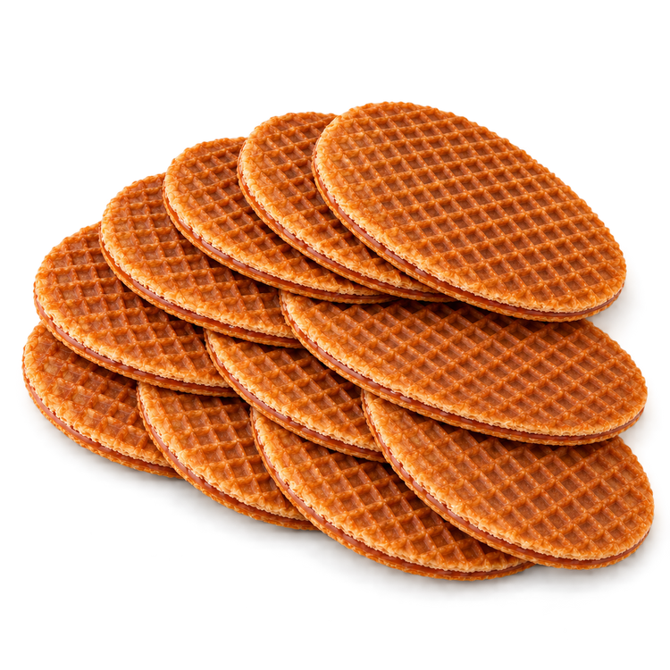 Twaalf dunne stroopwafels op elkaar gestapeld