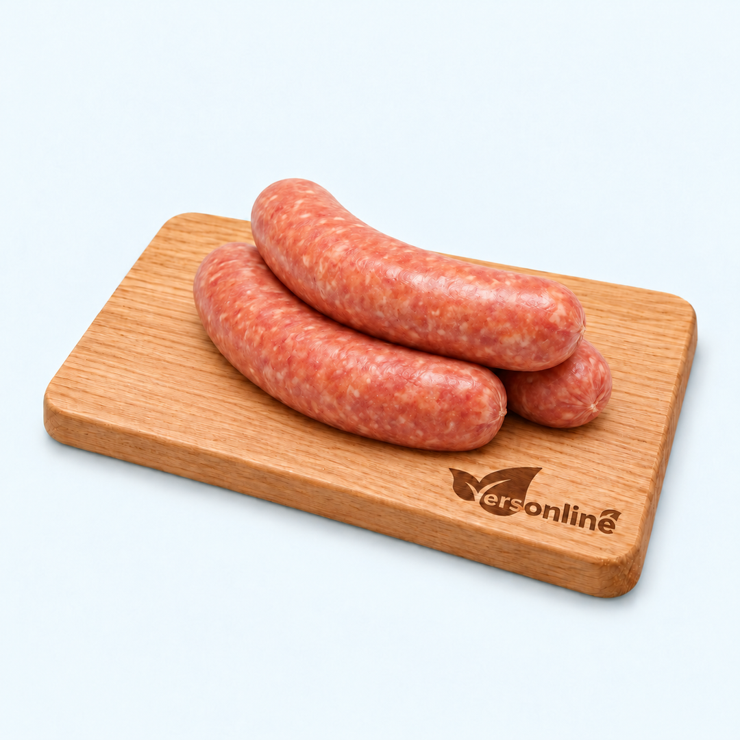 Saucijs gekruid 3stuks (360gr) op Versonline snijplank